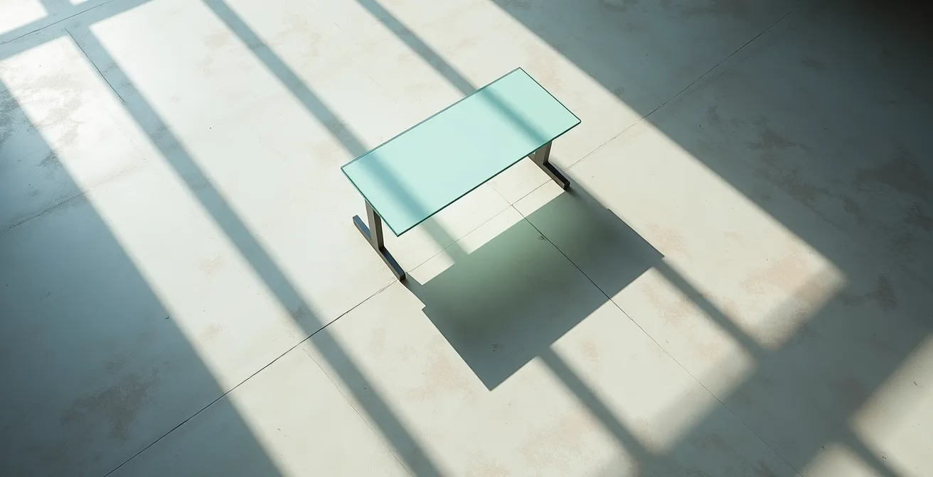 Vue aérienne minimaliste d'un bureau moderne avec espace négatif important