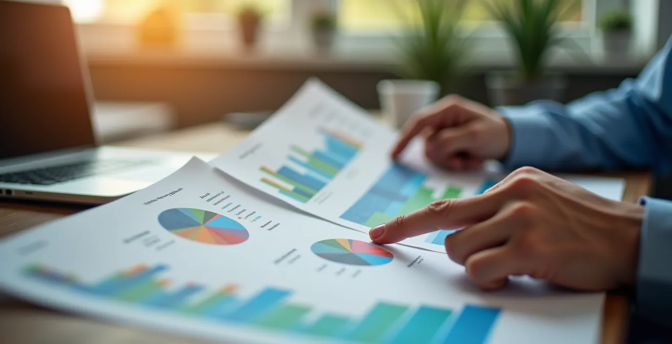 Gros plan sur des mains analysant des graphiques colorés de consommation énergétique