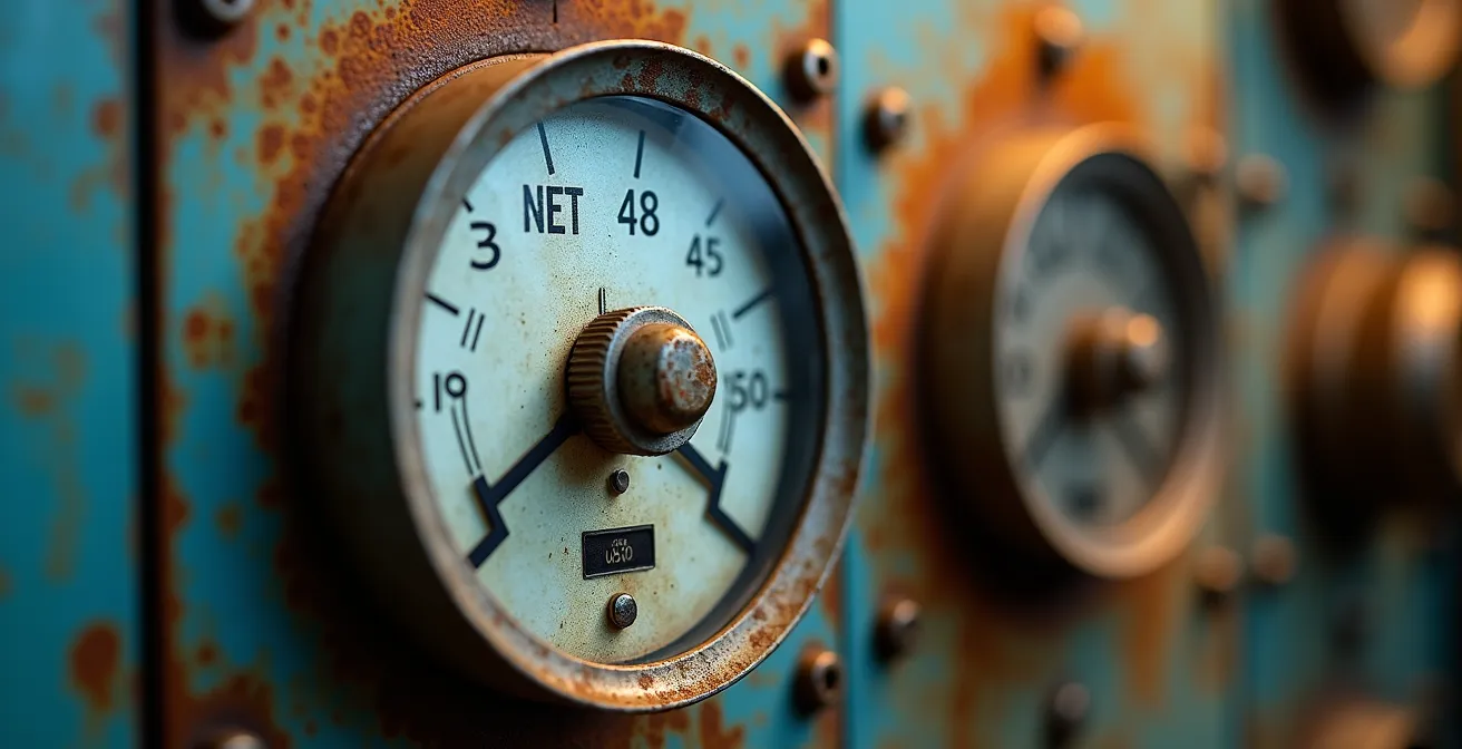 Vue macro détaillée des composants métalliques d'un compteur électrique professionnel