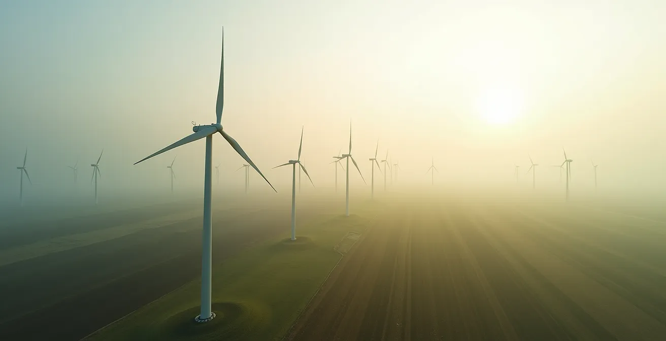 Vue aérienne d'un parc éolien intégré harmonieusement dans un paysage agricole français