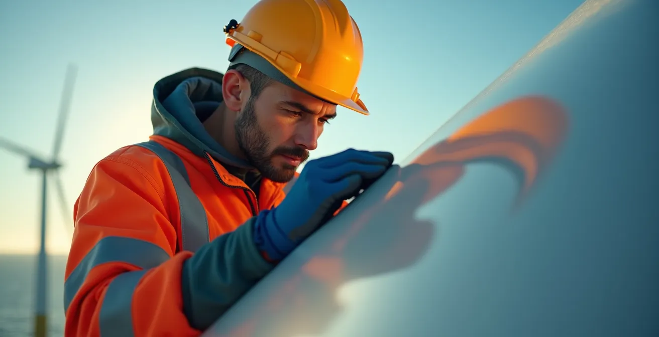 Technicien travaillant sur une nacelle d'éolienne en mer avec équipement de sécurité