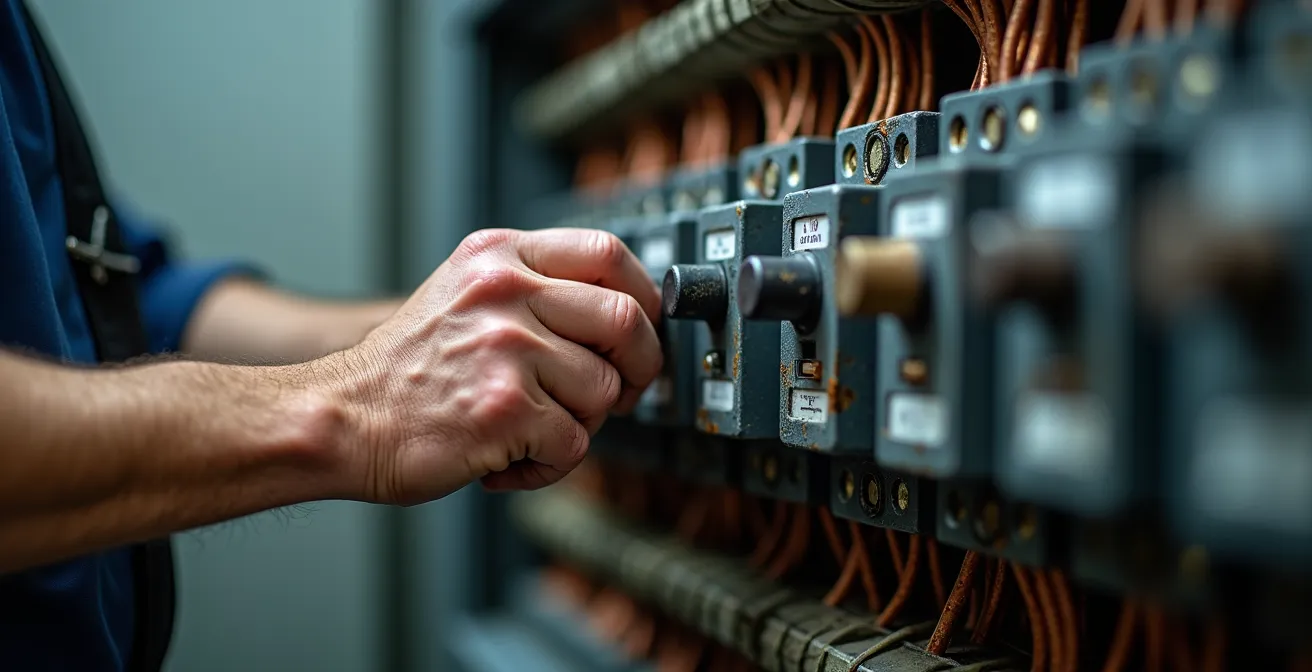 Gros plan sur les mains d'un technicien manipulant un compteur électrique haute tension