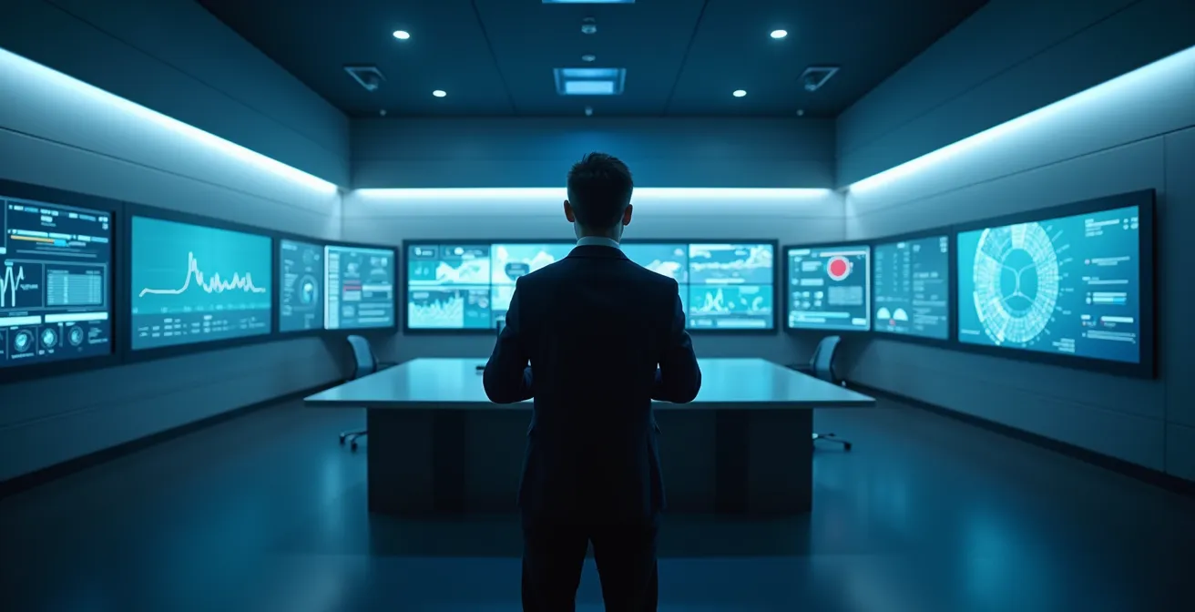 Salle de contrôle moderne avec écrans de supervision du réseau électrique