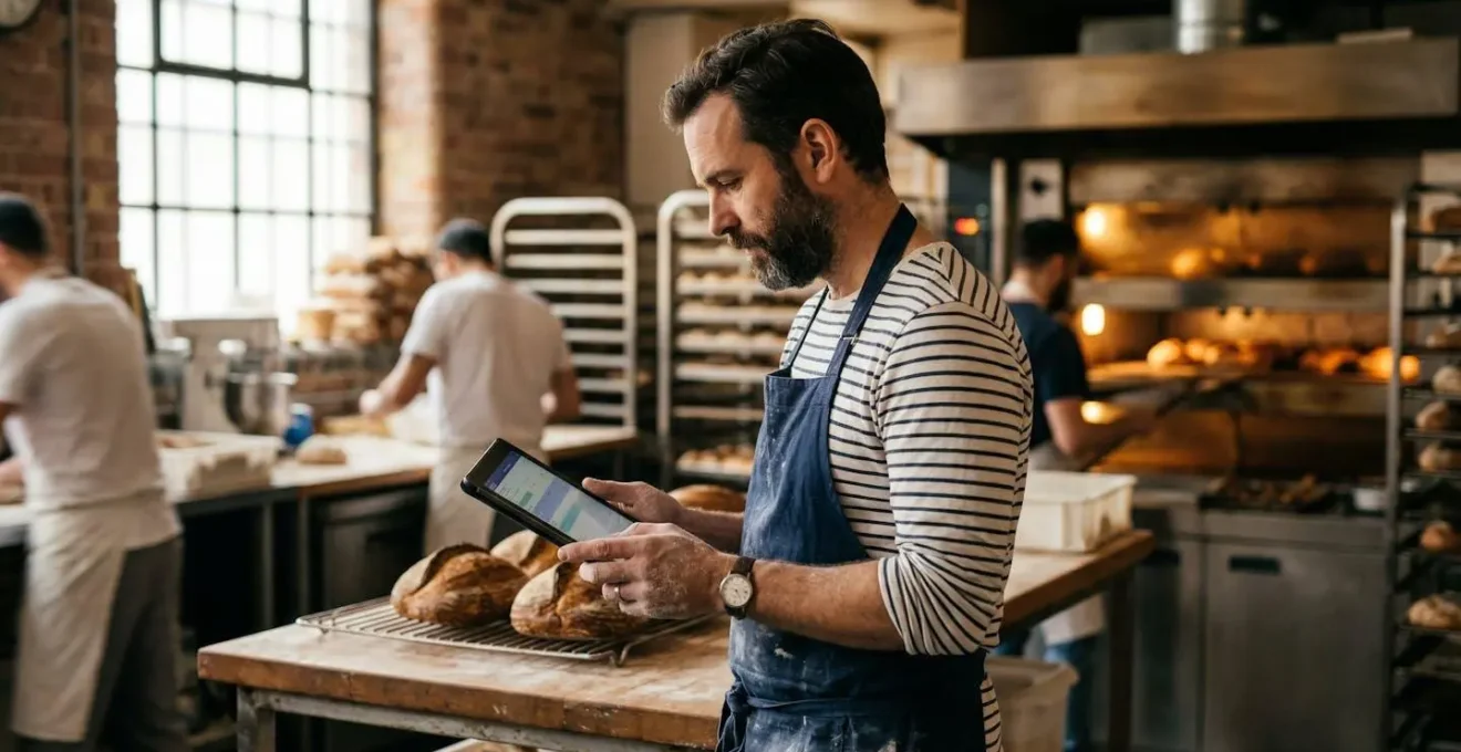 Un artisan boulanger de profil consulte une tablette dans son fournil au petit matin, four industriel en arrière-plan