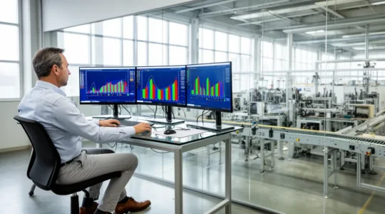 Directeur financier analysant les données énergétiques d'une PME industrielle