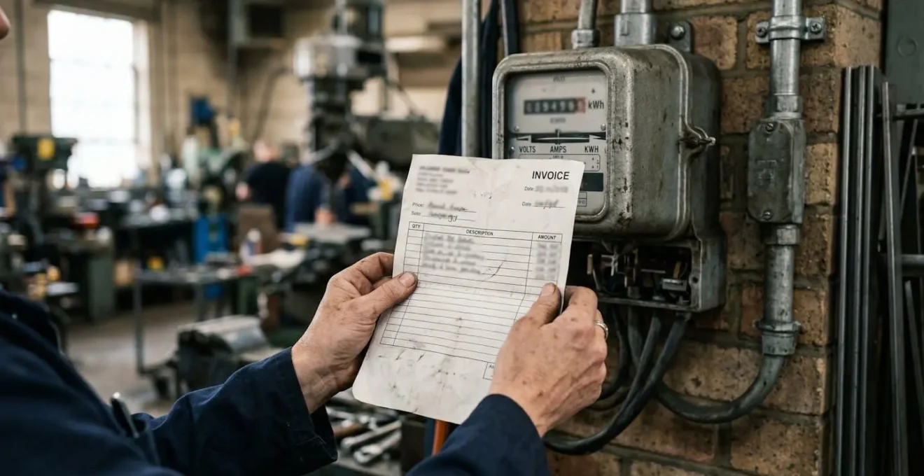 Mains d'un professionnel tenant une facture papier devant un compteur électrique industriel dans un atelier