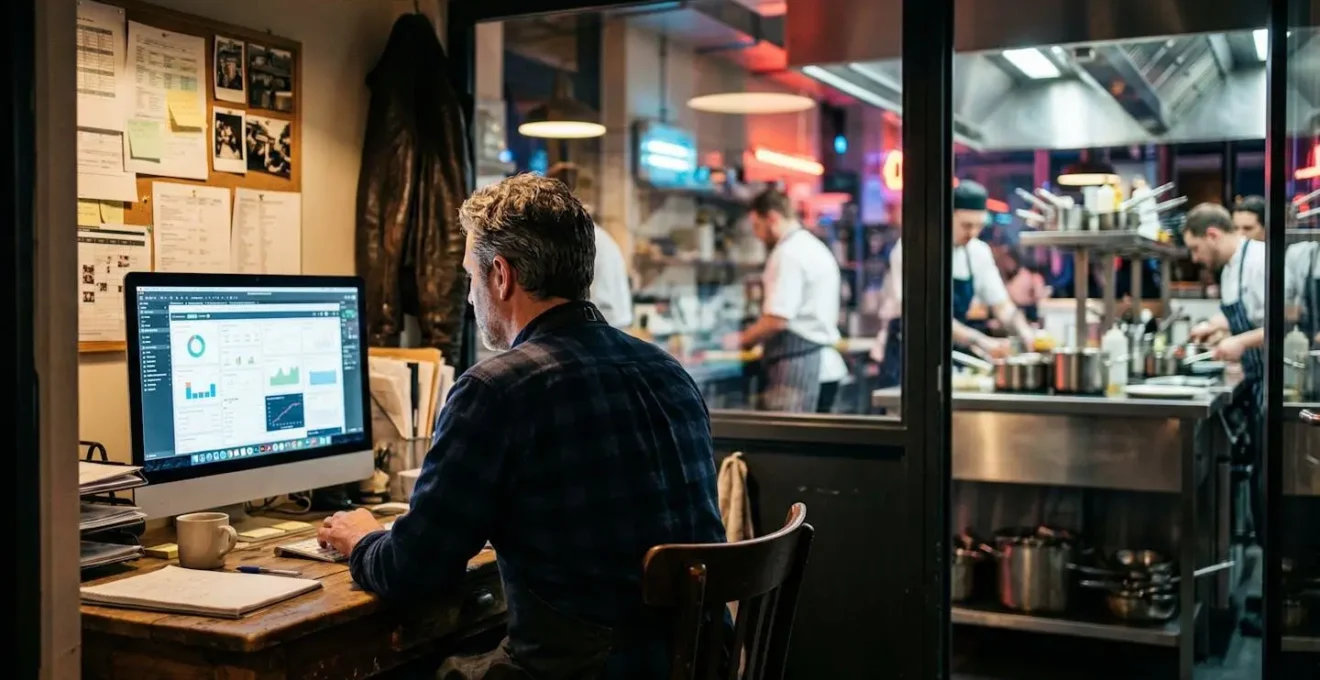 Un restaurateur vu de dos consulte un écran d'ordinateur dans son bureau arrière, cuisine professionnelle visible en arrière-plan