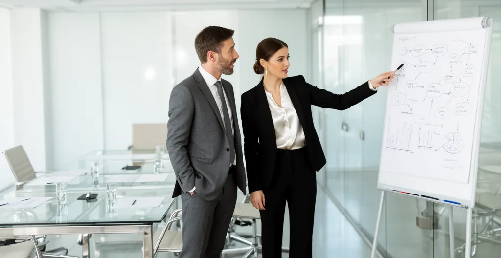 Deux professionnels analysant une stratégie énergétique en salle de réunion
