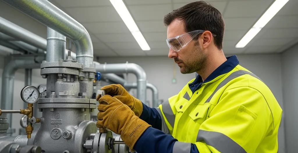 Technicien inspectant un compteur gaz industriel pour optimisation énergétique