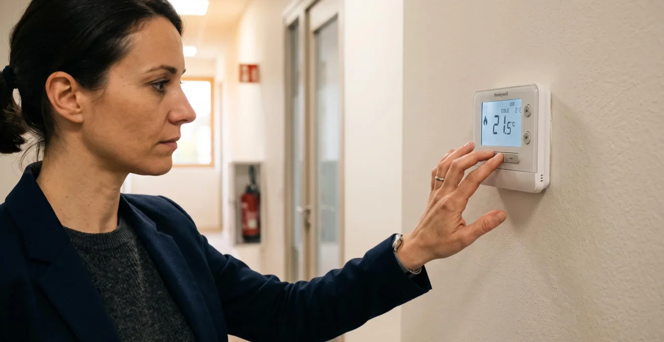 Gestionnaire d'établissement ajustant les paramètres d'un thermostat programmable mural