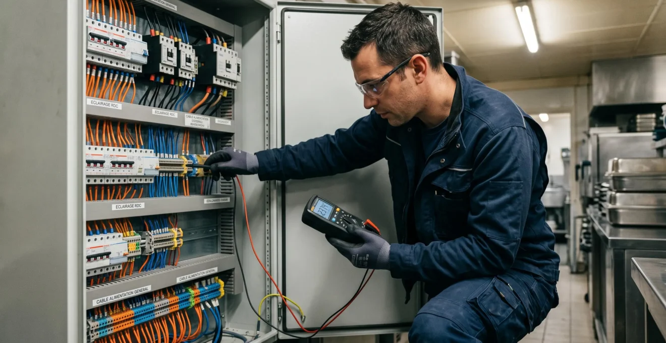 Auditeur énergétique effectuant des mesures électriques sur un tableau de contrôle industriel avec un multimètre