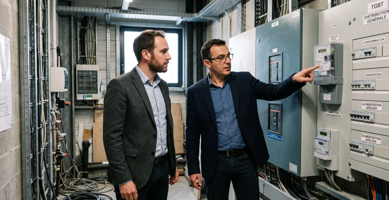 Courtier en énergie consultant avec un chef d'entreprise devant des panneaux de compteurs électriques dans un local technique