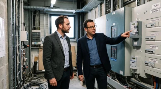 Courtier en énergie consultant avec un chef d'entreprise devant des panneaux de compteurs électriques dans un local technique