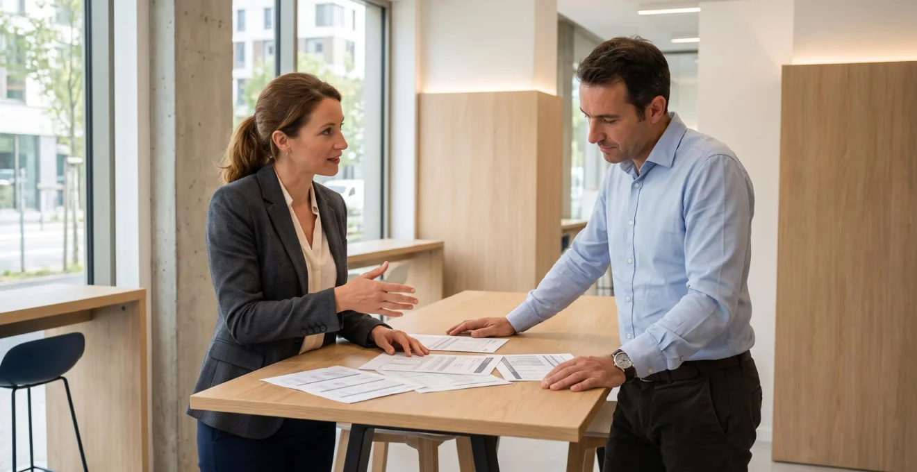 Courtier en énergie expliquant des documents de comparaison de contrats à un client professionnel à une table haute
