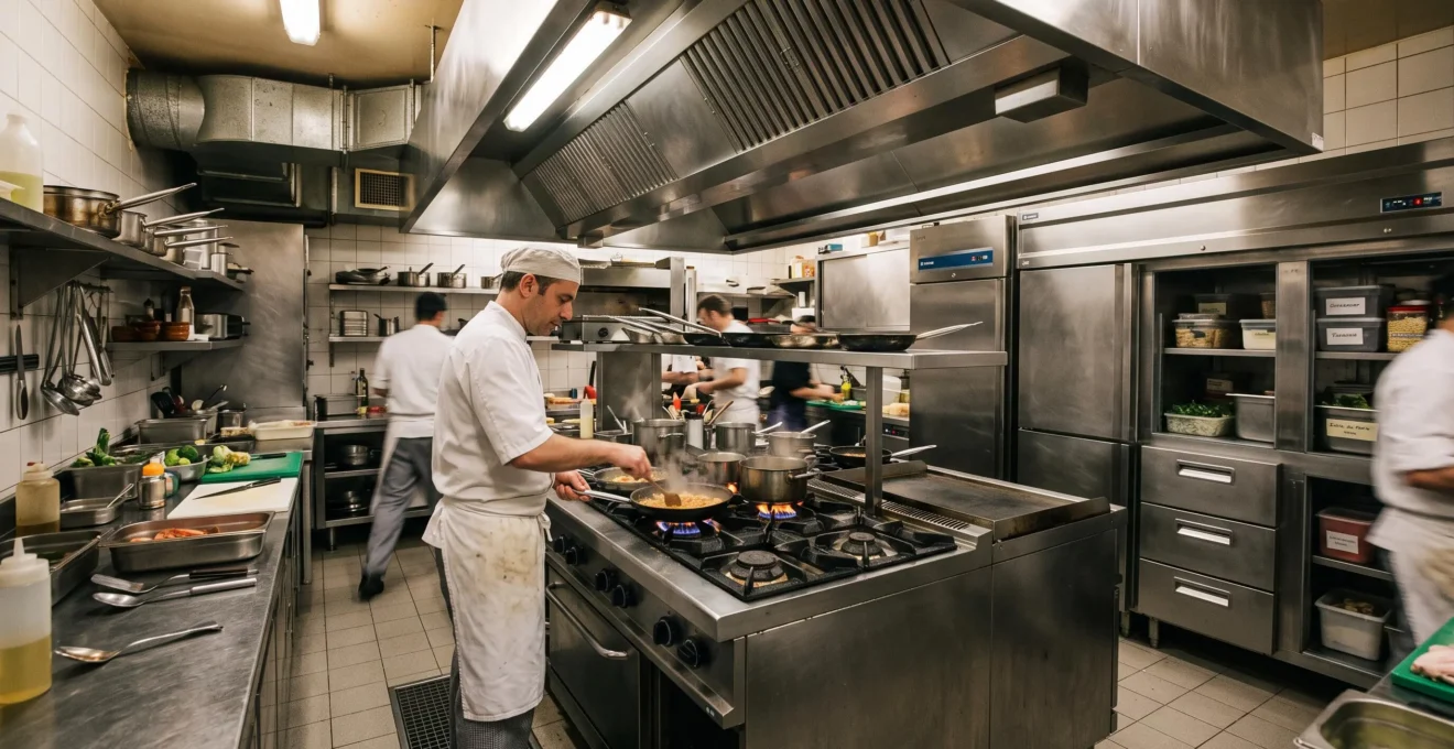 Chef travaillant dans une cuisine professionnelle équipée de fourneaux, réfrigérateurs et systèmes de ventilation