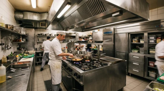 Chef travaillant dans une cuisine professionnelle équipée de fourneaux, réfrigérateurs et systèmes de ventilation