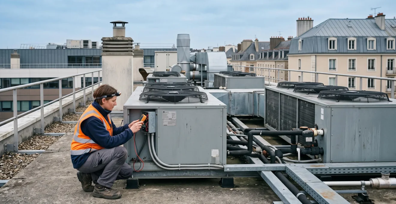 Spécialiste en efficacité énergétique inspectant des unités de climatisation commerciale sur le toit d'un immeuble de bureaux