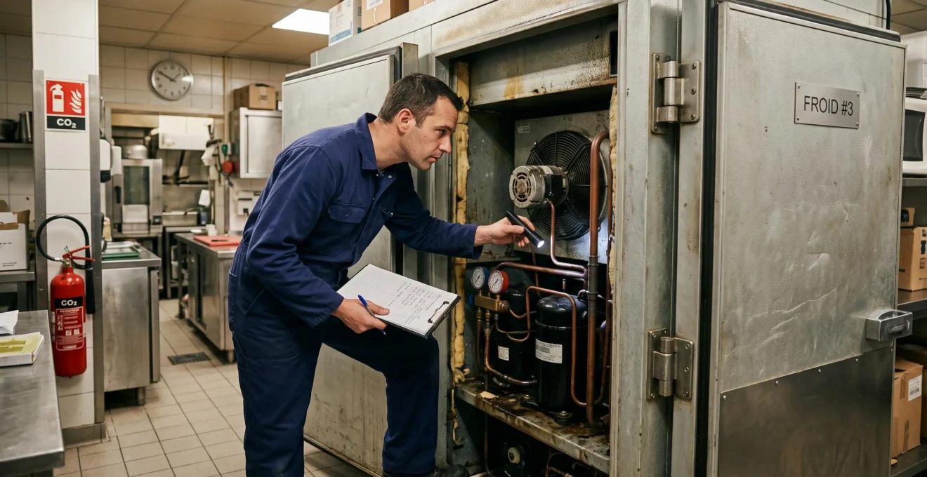 Technicien inspectant une chambre froide professionnelle dans un établissement commercial
