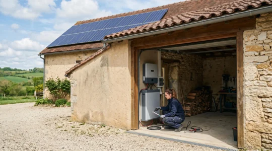 Technicien raccordant une batterie de stockage domestique sous des panneaux solaires photovoltaïques installés sur la toiture d'une ferme française.