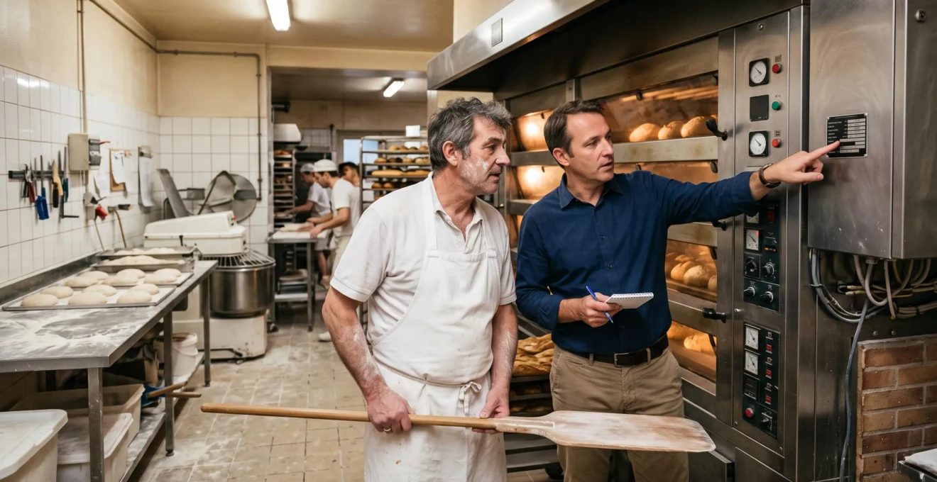 Un consultant énergie et un artisan boulanger examinent ensemble le panneau électrique d'un four professionnel dans une boulangerie française.