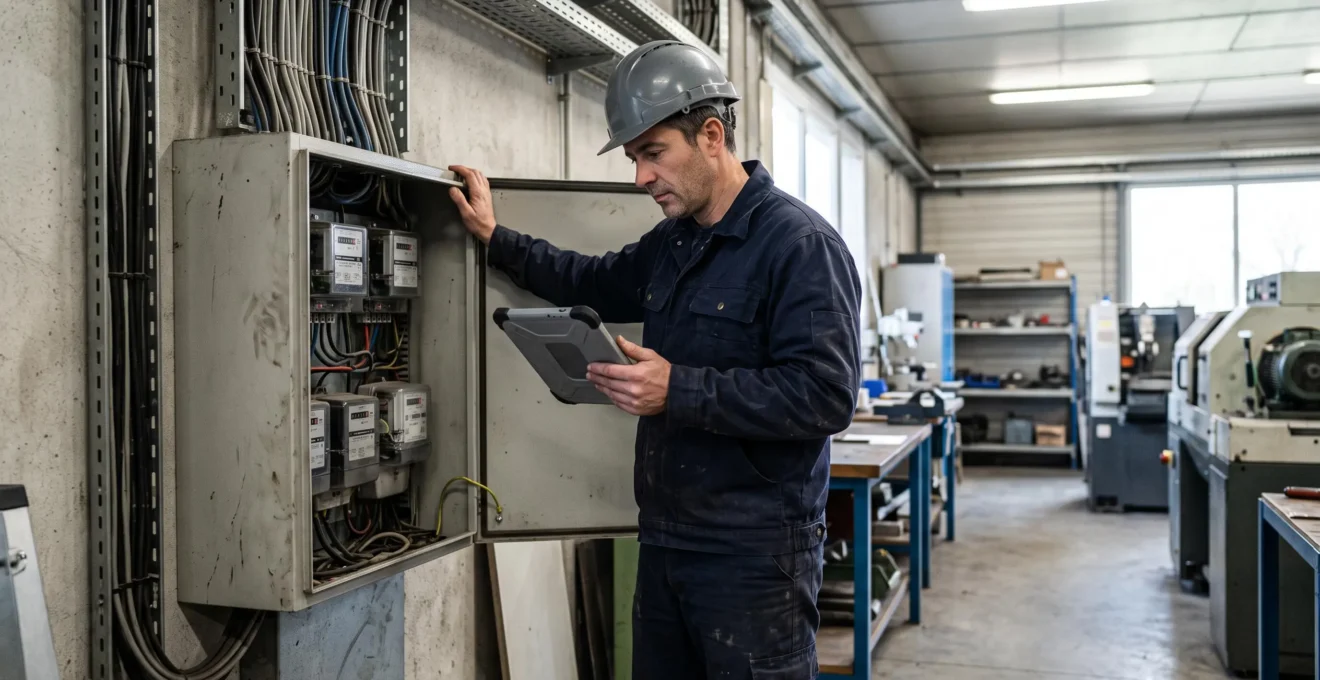 Un électricien relève les compteurs électriques d'un atelier industriel en France, tablette en main devant l'armoire de comptage.
