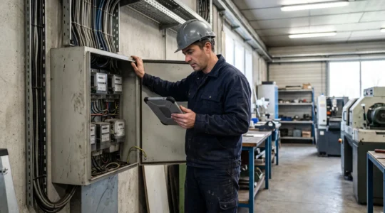 Un électricien relève les compteurs électriques d'un atelier industriel en France, tablette en main devant l'armoire de comptage.
