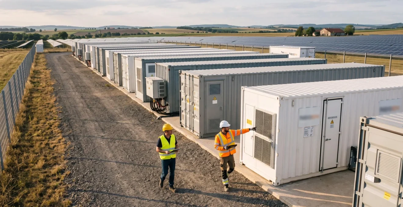 Deux techniciens inspectant un site de stockage d'énergie sur batteries à grande échelle adjacent à un champ photovoltaïque en France.