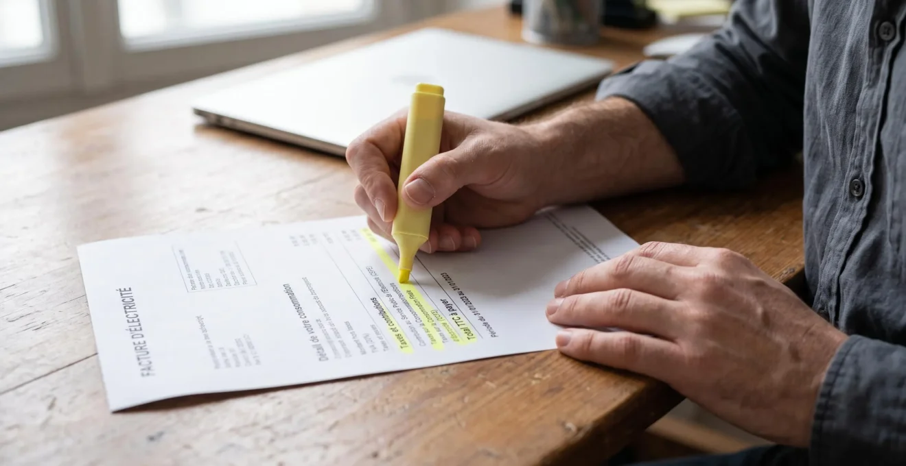 Des mains surlignent les lignes fiscales d'une facture d'électricité imprimée posée sur un bureau.